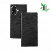 Diarycase 2.0 Coque clapet en cuir véritable avec support aimanté et fabriqué avec un étui en plastique recyclé pour Apple iPhone 16, Noir Minuit