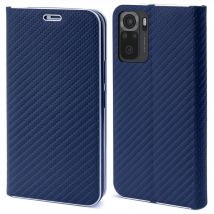 Funda Moozy Wallet para Xiaomi Redmi Note 10 / Note 10S, Carbono Azul Oscuro - Funda de solapa con ribete metálico, cierre magnético, tarjetero y 