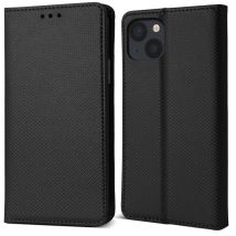 Funda con solapa Moozy para iPhone 13, negra - Funda inteligente con solapa magnética, tarjetero y soporte, ranuras para tarjetas de crédito, función 