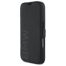 Étui BMW pour iPhone 16 6.1 noir étui avec rabat Signature Leather Wordmark