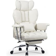 Chaise de bureau ergonomique en cuir avec dossier haut et repose-pieds pour le télétravail - Blanc