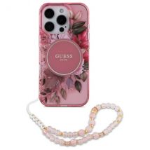 Étui Guess pour iPhone 16 Pro 6.3 rose étui rigide IML Flowers With Pearl Strap MagSafe