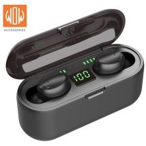 WoW F9 Sport & Loisirs Super-Fit TWS Bluetooth 5.1 Écouteurs stéréo avec micro HD Chargement LED USB Powerbank Noir