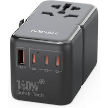 Adattatore da Viaggio Universale MINIX TP140 con Porte PD 140W, Tecnologia GaN, Presa AC Internazionale con 1 Porta USB-A e 3 Porte USB-C, Adattatore 