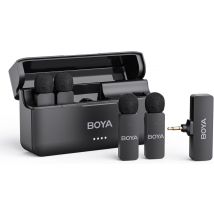 Boya BY-V4 – Micro sans fil 4 canaux, TRS 3,5 mm, réduction de bruit.