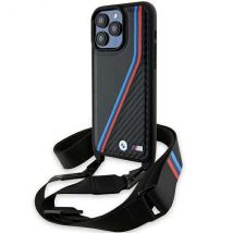 Étui BMW BMHCP15X23PSVTK iPhone 15 Pro Max 6.7 noir étui rigide M Edition Carbon Tricolor Lines & Strap