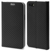 Moozy Funda Cartera para iPhone SE 2020, iPhone 7, iPhone 8, Negro Carbono - Funda Flip Magnética con Protección de los Bordes Metálicos y Tarjetero -
