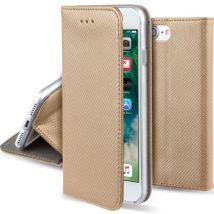 Moozy Case Flip Cover pour iPhone SE 2020, iPhone 7, iPhone 8, Or - Étui à rabat magnétique intelligent avec porte-cartes et support