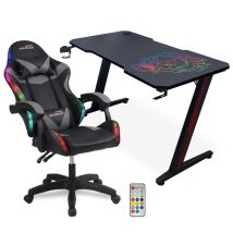Amstrad Pack Bureau DESK120Z-SKRAIN & fauteuil gamer 900-LED-BK - 1m20 - Design carbone et logo tête de mort arc-en-ciel