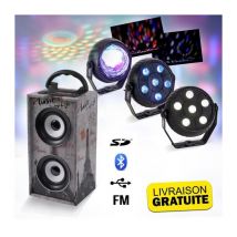 Mini Colonne sur batterie 12W USB SD AUX BLUETOOTH FM PARIS + Pack de 3 jeux de lumière à led Astro RGB, PAR Stroboscope