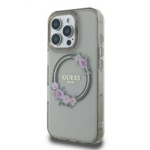 Étui Guess pour iPhone 16 Pro 6.3 noir étui rigide IML Flowers Wreath MagSafe