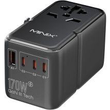 MINIX 170W Adattatore da Viaggio Universale GaN III - 3 Porte USB-C & 1 USB-A, Compatibile US/UK/EU/AU per Computer, Tablet, Telefoni, Fotocamere - 