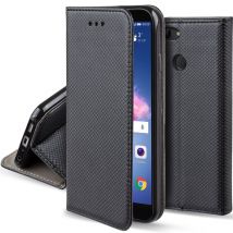 Moozy Case Flip Cover pour Huawei P Smart, Noir - Étui à Rabat Magnétique Intelligent avec Porte-Cartes et Support