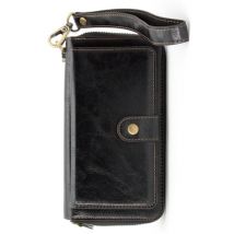 Portefeuille à fermeture éclair en cuir écologique Evelatus avec support de téléphone magnétique et dragonne noir