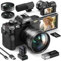 Appareil Photo Numérique NBD 8K 64MP – Autofocus, Zoom 16X, Écran 180°, WiFi + Objectifs, 2 Batteries, Carte 64GB & Microphone