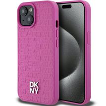 Étui DKNY pour iPhone 15 6.1 rose étui rigide Leather Pattern Metal Logo MagSafe