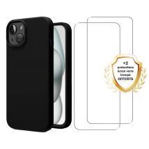 EVETANE iPhone 15 Liquid Silicone Case Black + 2 Tempered Glass Shockproof Screen Protector - Nuevo