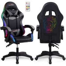 Amstrad AMS-900-LED-SKULL - Fauteuil gaming noir et gris - Serigraphie Tête de mort - Eclairage LED 366 effets - Télécommande