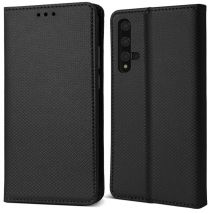 Moozy Case Flip Cover pour Huawei Nova 5T et Honor 20, Noir - Étui à Rabat Magnétique Intelligent avec Porte-Cartes et Support
