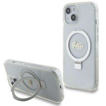 Étui Guess pour iPhone 15 6.1 transparent étui rigide Ring Stand Script Glitter MagSafe
