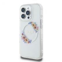 Étui Guess pour iPhone 16 Pro 6.3 transprent étui rigide IML Flowers Wreath MagSafe