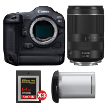Fotocamera mirrorless Canon EOS R3 + RF 24-240mm f/4-6.3 IS USM + 3 SanDisk 64GB Extreme PRO CFexpress Type B + Canon LP-E19 + Ebook 20 consigli per 