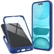 Moozy Coque 360 pour iPhone 14 Pro Max - Coque transparente à bord bleu, protection intégrale double face, coque avec protecteur d'écran intégré