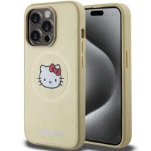 Étui Hello Kitty pour iPhone 15 Pro 6.1 or étui rigide Leather Kitty Head MagSafe