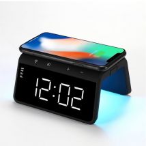 Evelatus WCC01BK Réveil 2 en 1 à grands chiffres avec chargeur sans fil 10 W et lampe couleur RVB Noir