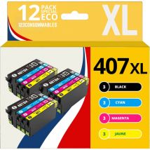 123CONSOMMABLES - Pack de 12 Cartouches d'encre compatibles avec Epson 407XL WorkForce Pro WF-4745DTWF (3 Noires, 3 Cyan, 3 Magenta, 3 Jaune)