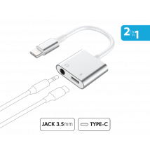 Force Power Adaptador reforzado 2 en 1 de USB-C a conector de 3,5 mm/USB-C Blanco - Nuevo