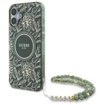 Étui Guess pour iPhone 16 6.1 vert étui rigide IML Flowers Allover Electro With Pearl Strap MagSafe