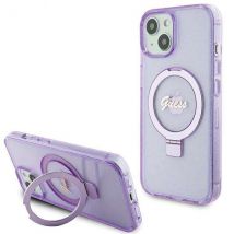 Étui Guess pour iPhone 15 6.1 violet étui rigide Ring Stand Script Glitter MagSafe