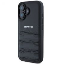 Étui AMG pour iPhone 16 6.1 noir étui rigide en cuir Lignes en relief Logo noir