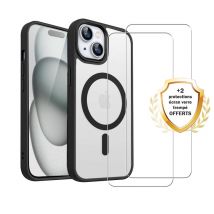 EVETANE Coque iPhone 15 Transparente Compatible Magsafe Contour Noir + 2 Vitres Protection ecran