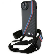 Étui BMW pour iPhone 15 Plus / 14 Plus 6.7 noir étui rigide M Edition Carbon Tricolor Lines & Strap