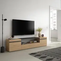 Mobile TV, 200x35x45cm, soggiorno, Per TV fino a 80", Mobile Soggiorno, colore Rovere e nero RF2148