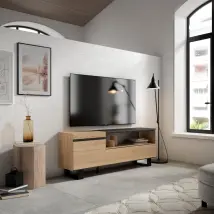 Mobile TV Soggiorno, 150x35x57cm, Per TV fino a 65", Design industriale, colore Rovere e nero RF2434