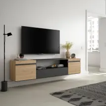 Mobile TV, 200x35x45cm, soggiorno, Per TV fino a 80", da appendere, colore Rovere e nero RF2258