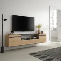 Mobile TV, 200x35x45cm, soggiorno, Per TV fino a 80", da appendere, colore Rovere e nero RF2150