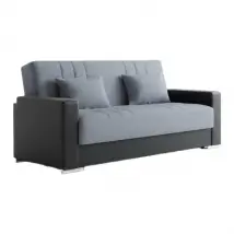 Divano letto Arix, Divano letto contenitore a 3 posti in ecopelle e tessuto, SofÒ da soggiorno con apertura click-clack e 2 cuscini inclusi, Cm 230 x96h101, Nero e Grigio