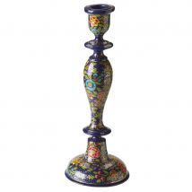 Dalit Hand Painted Wooden Floral Kashmiri Candle Stick - Dark Blue