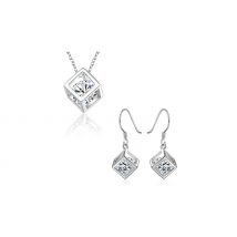 Crystal Cube Square Pendant Necklace & Earrings Set - 2 Colours