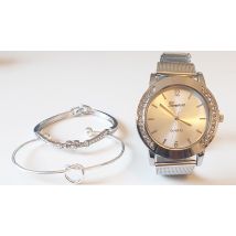 3-Piece Silver Tone Crystal Detail Watch & Bracelet Set