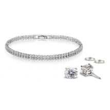7K White Gold-Plated Double Row Simulated Sapphire Tennis Bracelet & Earrings Set