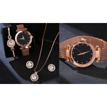 Elegant 4-Piece Jewellery Giftset - Necklace, Earrings, Bracelet & Quartz Wristwatch!