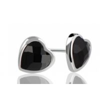 Black Agate Silver Heart Stud Earrings