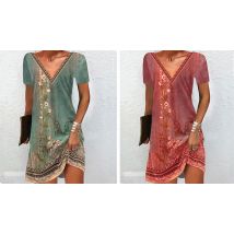 Floral Geometric V-Neck Short Sleeve Dress - 4 Colours & 6 Sizes