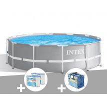 Intex - Kit piscine tubulaire Prism Frame ronde 3,66 x 0,99 m + Bâche à bulles + 6 cartouches de filtration Gris, en PVC - Installation Piscinéco sur