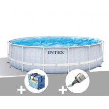 Intex - Kit piscine tubulaire Chevron ronde 4,88 x 1,22 m + Bâche à bulles + Aspirateur Bleu, en PVC - Installation Piscinéco sur Demande